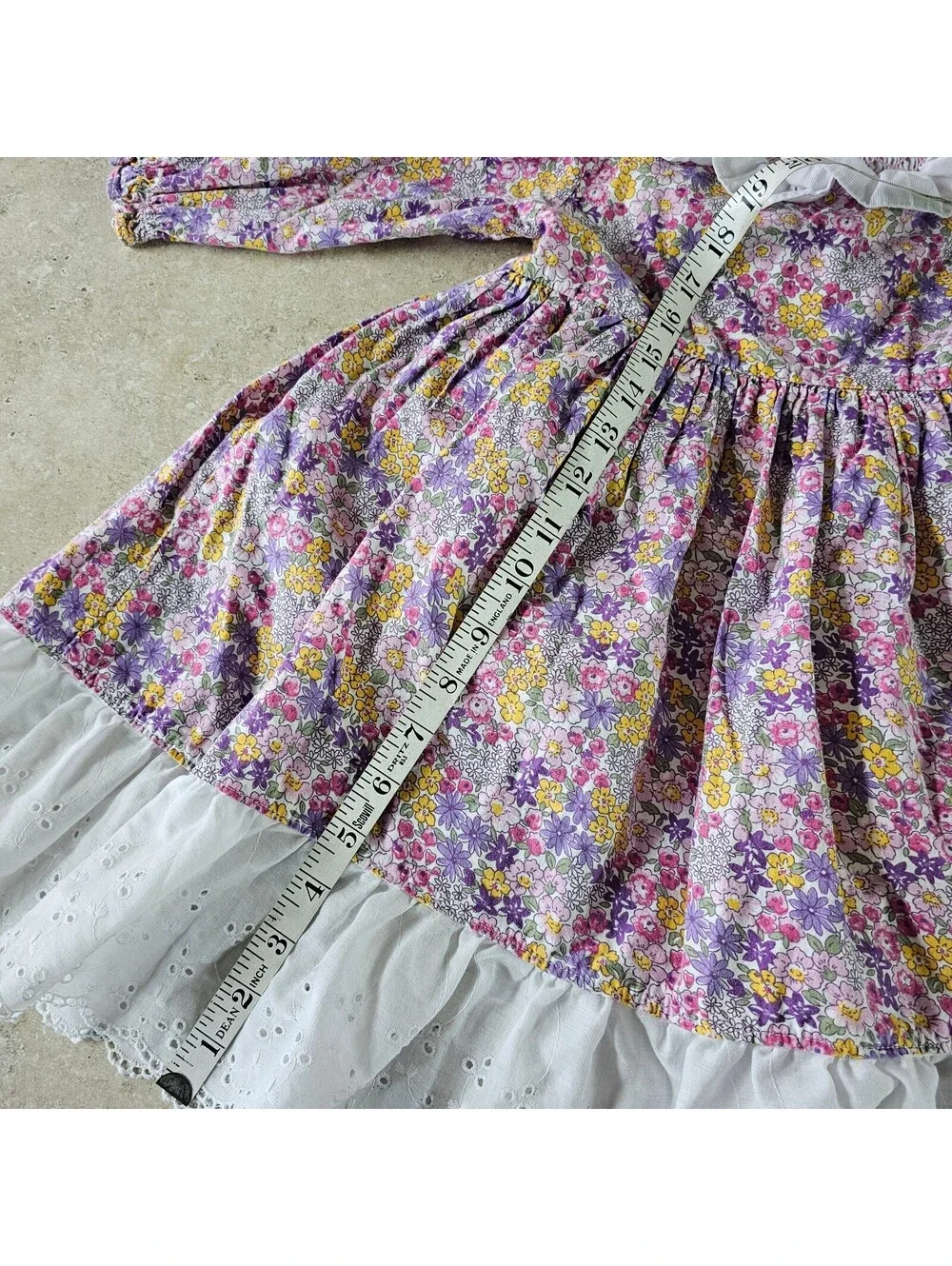 Vintage Floral Long Sleeve Dress Eyelet Hem for Kids 18 M